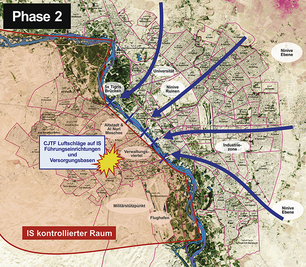 Phase 2: Einbruch und Inbesitznahme von Ost-Mossul durch die ISF mit Unterstützung durch die CJTF-OIR. (Grafik: Rizzardi, Hintergrund: Maximilian Dörrbecker (Chumwa), CC BY-SA 3.0)